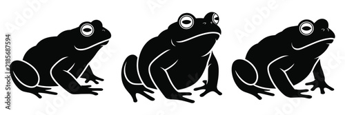 Set of three black silhouettes of frogs in different poses isolated on a white background, featuring detailed outlines and flat style for nature themes
