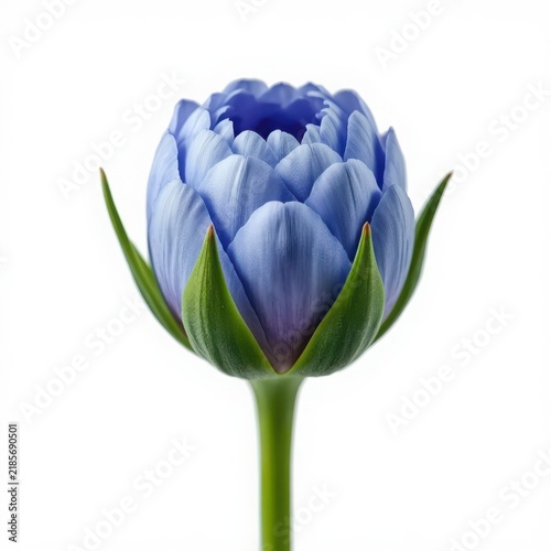 A single beautiful purple lotus flower bud with green leaves isolated on a plain surface
