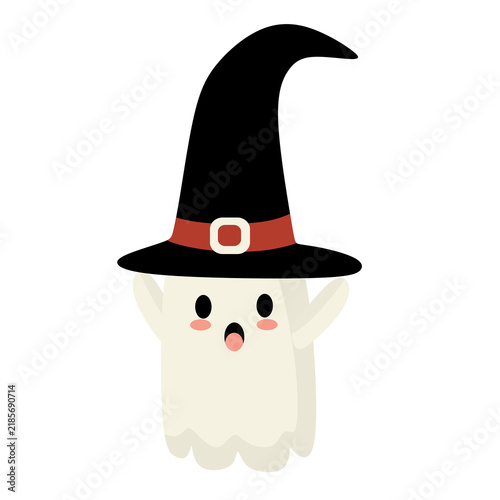 Cute ghost wears a witch hat with a red belt. halloween witch hat