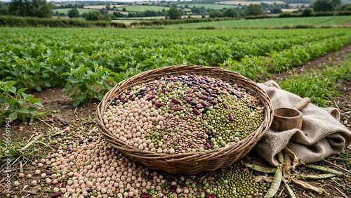 Harvested pulses displayed in a farm basket with green fields representing sustainable agriculture