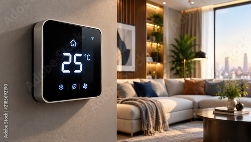 Smart Home Digital Thermostat Displaying 25°C on Textured Concrete Wall in Modern Luxury Living Room,,