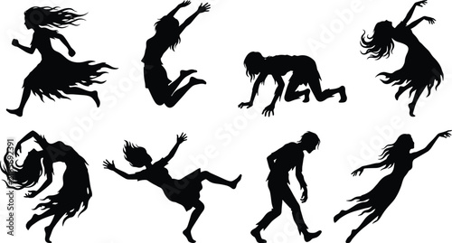 Canvastavla Spooky Halloween Zombie and Ghost Silhouette Vector Set Featuring Running, Crawl