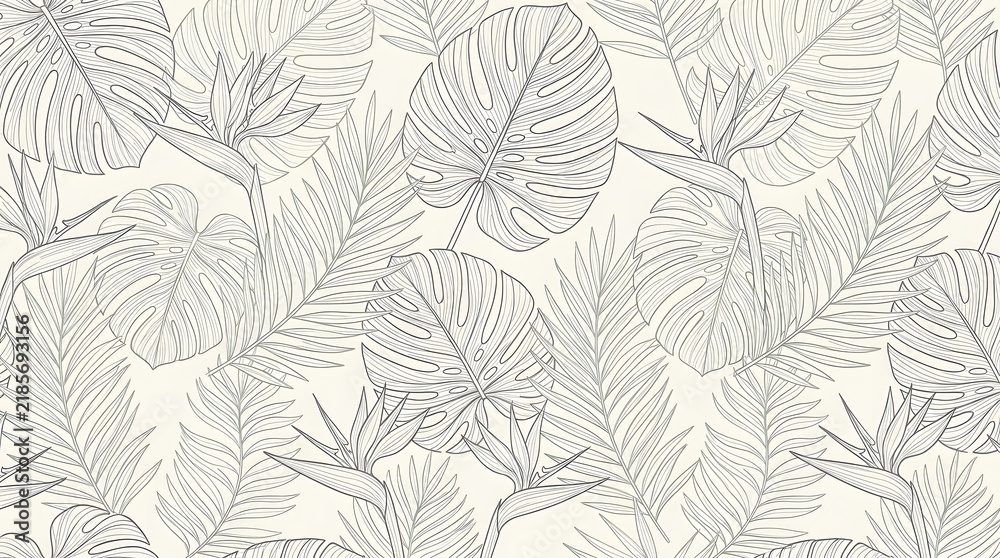 Seamless tropical leaf pattern with monstera and palm outlines