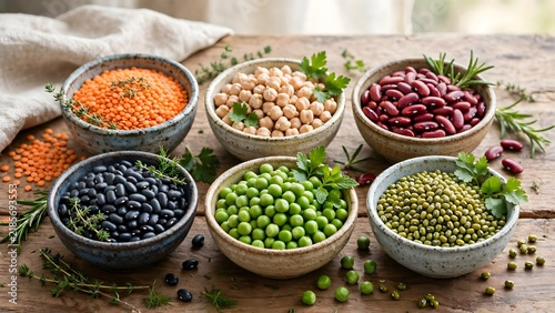 Rustic food arrangement celebrating the nutritional value of pulses and legumes