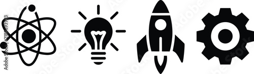 Innovation icon featuring startup creativity, new ideas, business growth, technology development, strategy, and modern entrepreneurship.