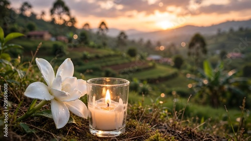 White flower and memorial candle representing remembrance and hope in Rwanda.