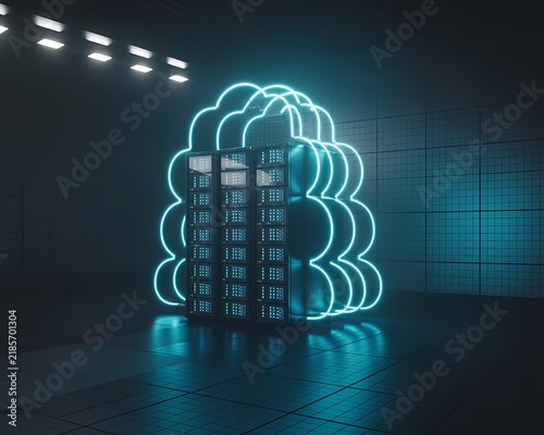Plakat Cloud computing server rack with neon lights