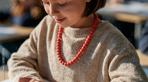 Close-up of a chewable silicone sensory necklace worn by an autistic elementary-age student during a classroom activity, oral motor regulation tool, autism self-regulation