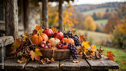 Natura morta  d'autunno: cesto  di zucche, melograni e frutti autunnali in un paesaggio stagionnale