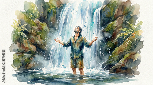 Man standing under a waterfall with arms raised in nature  