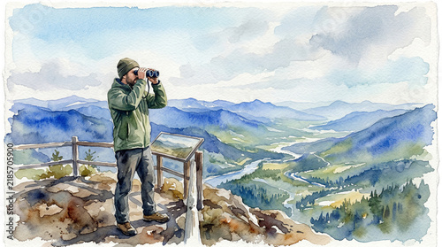 Man using binoculars while standing on a mountain overlooking valleys  
