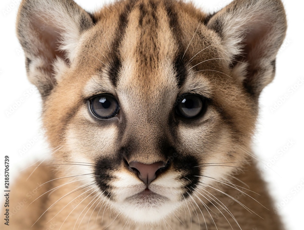 Obraz premium Close up portrait of cute young cougar cub. Baby mountain lion with big dark eyes, spotted fur looks at camera. Small wild predator mammal sits against white background. Cute feline animal face in