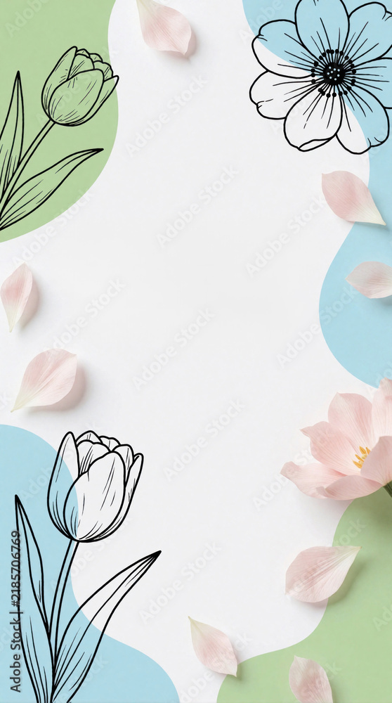 Obraz premium Elegant spring floral design with line art flowers, pastel blobs. Pink flower petals scatter across white background with blue, green organic shapes. Minimalist botanical template for seasonal