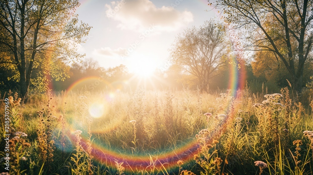 Obraz premium Golden autumn meadow bathed in warm sunlight. Tall grass and wildflowers glow with sun flares creating a serene, natural landscape. Trees frame the scene with yellow fall foliage.