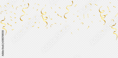 Golden Confetti Border and Falling Streamers Ribbons Isolated on Transparent Grid Background for Celebration, Birthday, Event, and Holiday Vector