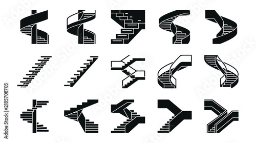 Black stairs and spiral staircase silhouettes set on a white background collection