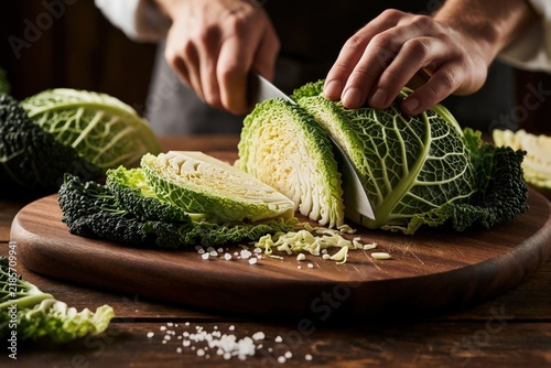 Person cuts green cabbage on wooden board for cooking meal. Fresh vegetable prep for salad or healthy diet food. Rustic kitchen prep work for cuisine.