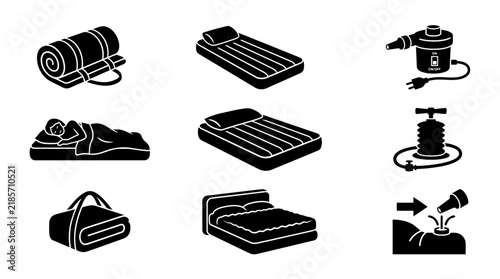 Air mattress and sleeping gear icons set featuring pumps, sleeping mats, and inflatable beds