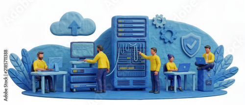 Plakat Data center team illustration, cloud computing server maintenance, IT network administration 3d clay plasticine style