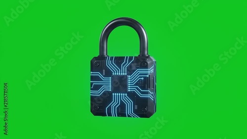 Cyber Security Padlock Concept on Green Screen Background, Digital Data Protection 3D Rendering