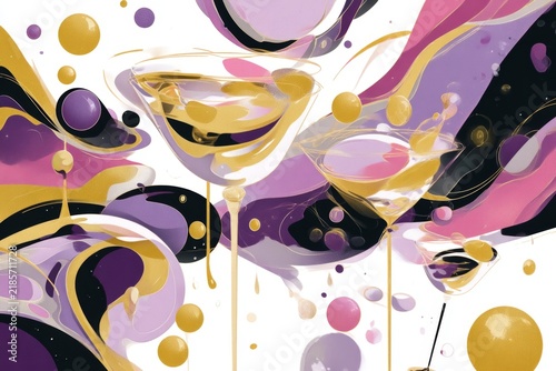 Colorful abstract art featuring cocktail glasses surrounded by vibrant swirling shapes in purple and gold hues making it perfect for celebration themes. Generative AI