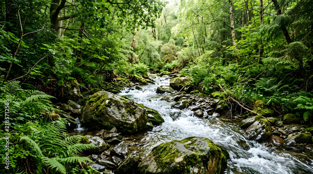 Fototapeta premium A beautiful rushing stream flowing through a lush green forest in the mountains.