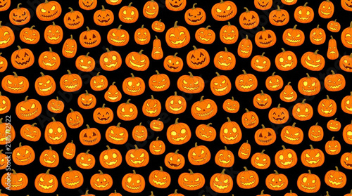 Repeating halloween pattern with cute orange pumpkins on a dark black background