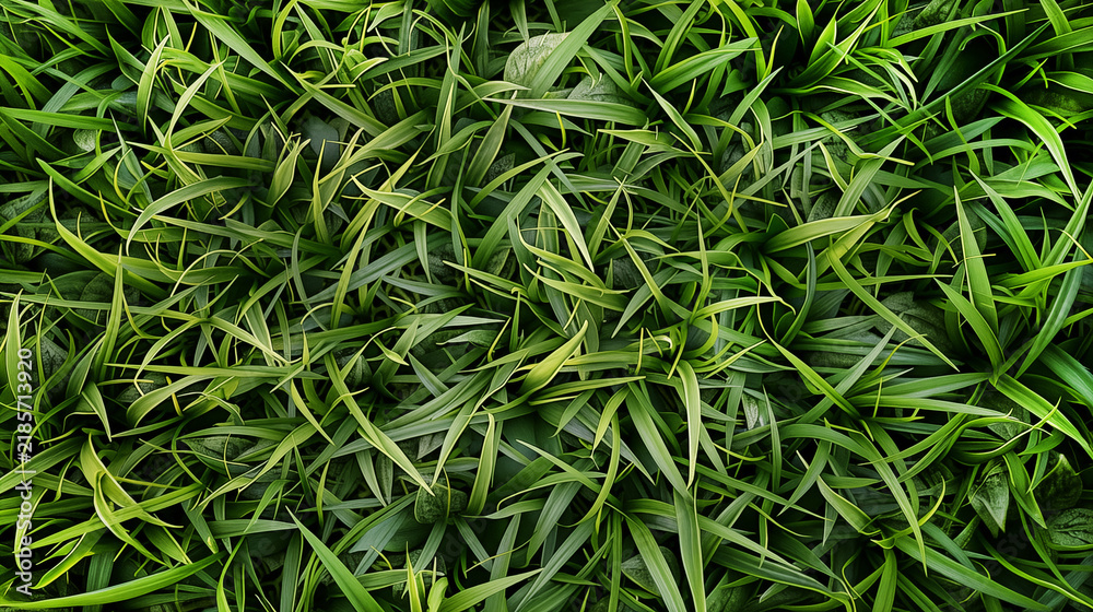 Fototapeta premium Top view of dense green grass and tropical plant leaves texture. Lush exotic foliage pattern background. Natural environment horizontal backdrop or wallpaper