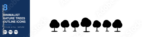 Minimalist Nature Trees Outline Icons, Set of Eight Simple Tree Illustrations Featuring Vector, Graphic