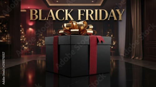 Black friday luxury gift box with a large golden bow displayed in an elegant room setting shopping discount