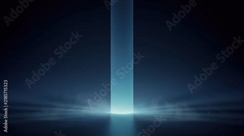 A glowing vertical blue light beam emerges from a misty, dark surface, creating a futuristic and mysterious ambiance.