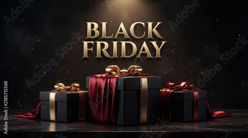 Three black gift boxes with red satin ribbons for a black friday promotional sale event promotion shopping