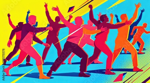 Colorful silhouettes of people in dynamic poses, suggesting movement, energy, and social interaction against a vibrant yellow and blue background.