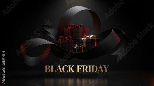 Black friday sale background with floating gift boxes and elegant black ribbons shopping promotion discount