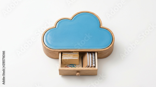 Wooden Cloud Organizer with Blue Ceramic Top and Drawer