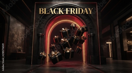 Black friday sale entrance archway decorated with floating luxury gift boxes entrance shopping promotion