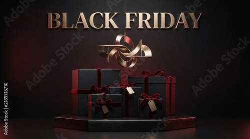 Black friday text with stacked luxury gift boxes on a dark podium shopping promotion discount commercial