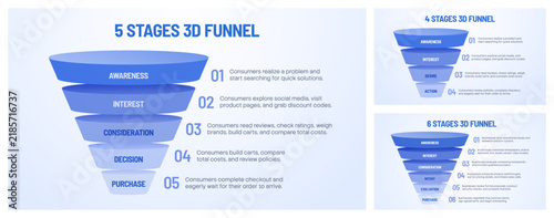 3D Funnel Diagrams 4 to 6 Stages Gradient Blue Infographic Vector Presentation Template Set for Business and Marketing. 