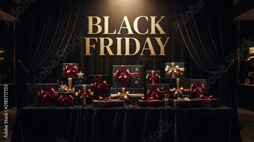 Black friday sign above a table covered with dark curtains and gift boxes curtains shopping promotion discount
