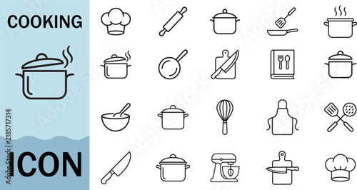 Cooking icon set with kitchenware and chef items