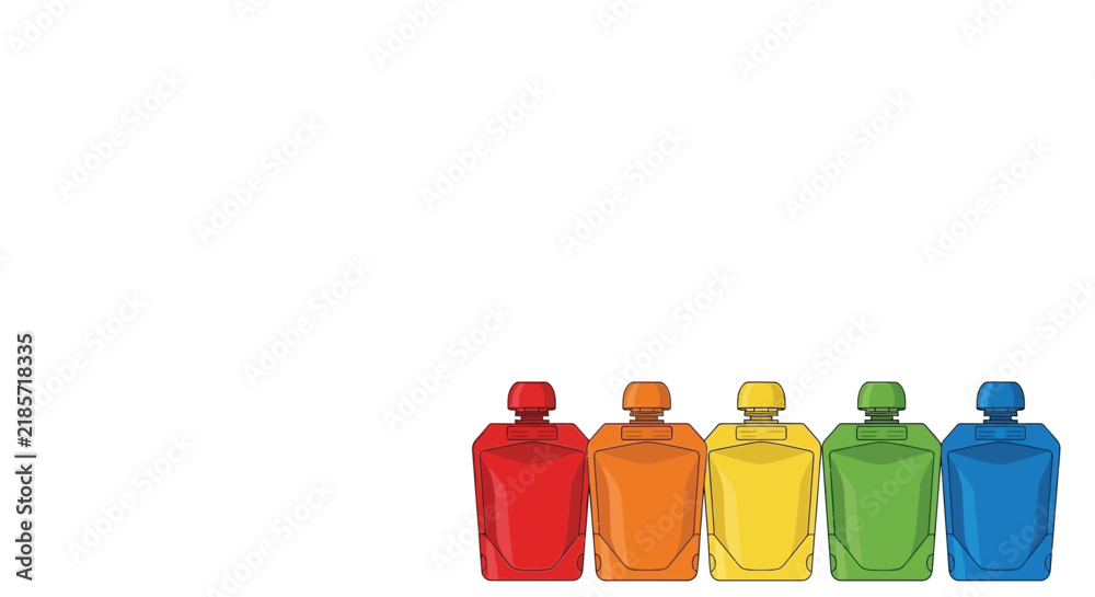 Obraz premium Colorful flexible pouches arranged in a neat row on a clean white background, symbolizing sustainable packaging solutions for a zero-waste lifestyle, ideal for food, cosmetics, and household refills.