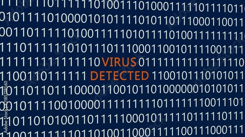 Virus detected text or word with digital binary animation background, designed for an illustrative digital world technology concept representing malware alert and cybersecurity threat.
