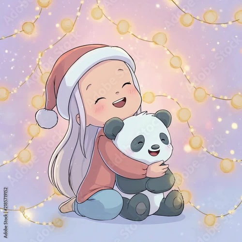 Cute lifestyle concept Cute anime girl in Santa hat tenderly hugging a plush panda bear Cozy Christmas illustration with glowing fairy lights and magical bokeh background authentic modern visual