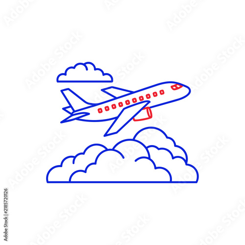 Airplane flying through clouds vector line art icon