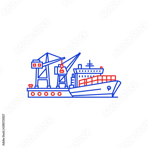 Container ship loading cargo with port cranes vector icon