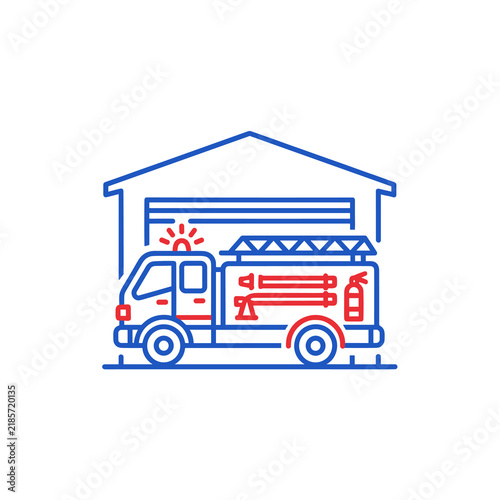 Fire truck engine inside station garage line art icon