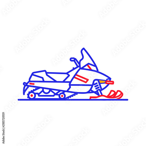 Minimalist snowmobile vector icon with blue and red line art
