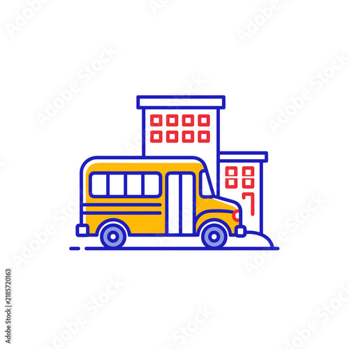 Yellow school bus parked in front of a school building vector