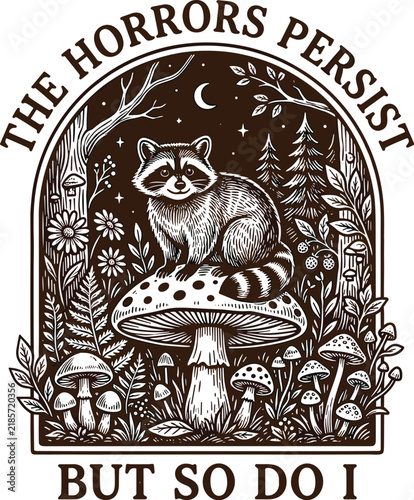 Raccoon, mushroom, woodland, forest, moon, tree, flower, plant, arch, resilience, horror, whimsical, brown, linocut, artwork,