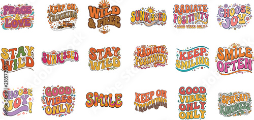 Retro groovy typography set, 18 vintage 70s quote stickers, colorful hippie lettering collection for t-shirts and posters